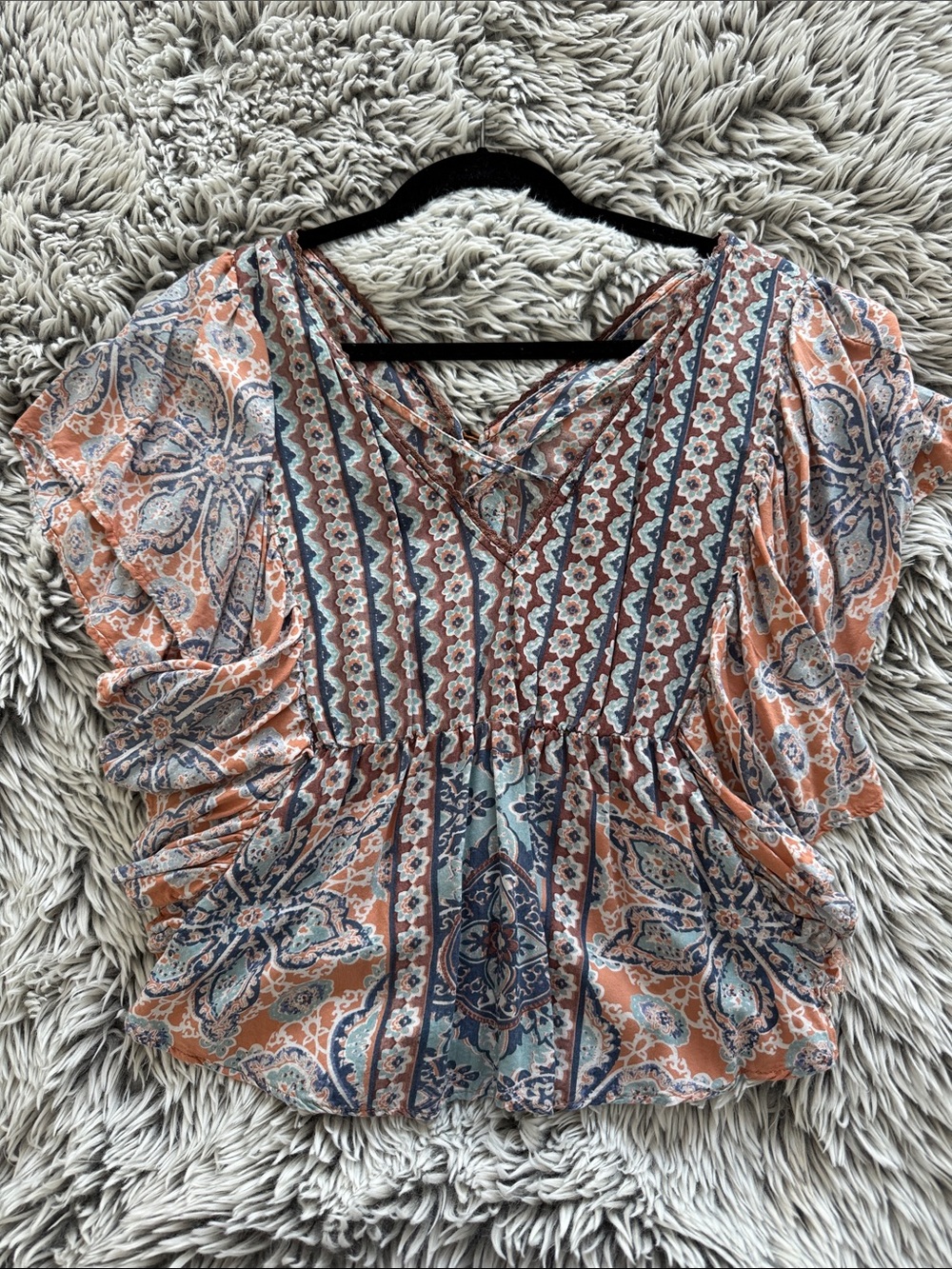 Angie Peach and Blue Boho Printed Peasant Blouse